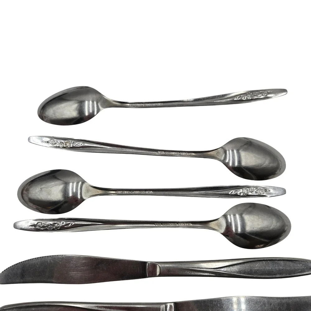 Vtg Stainless Steel Flatware Set‎ Radiant Rose Floral Design 16 Pieces